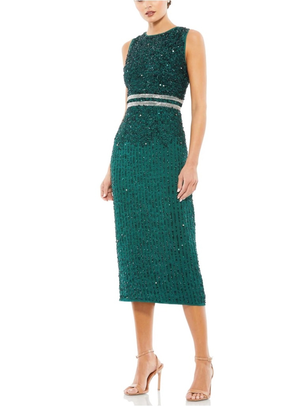 NWT Mac Duggal Green Sleeveless High Neck Beaded Midi Sheath Dress 10509 Size 14